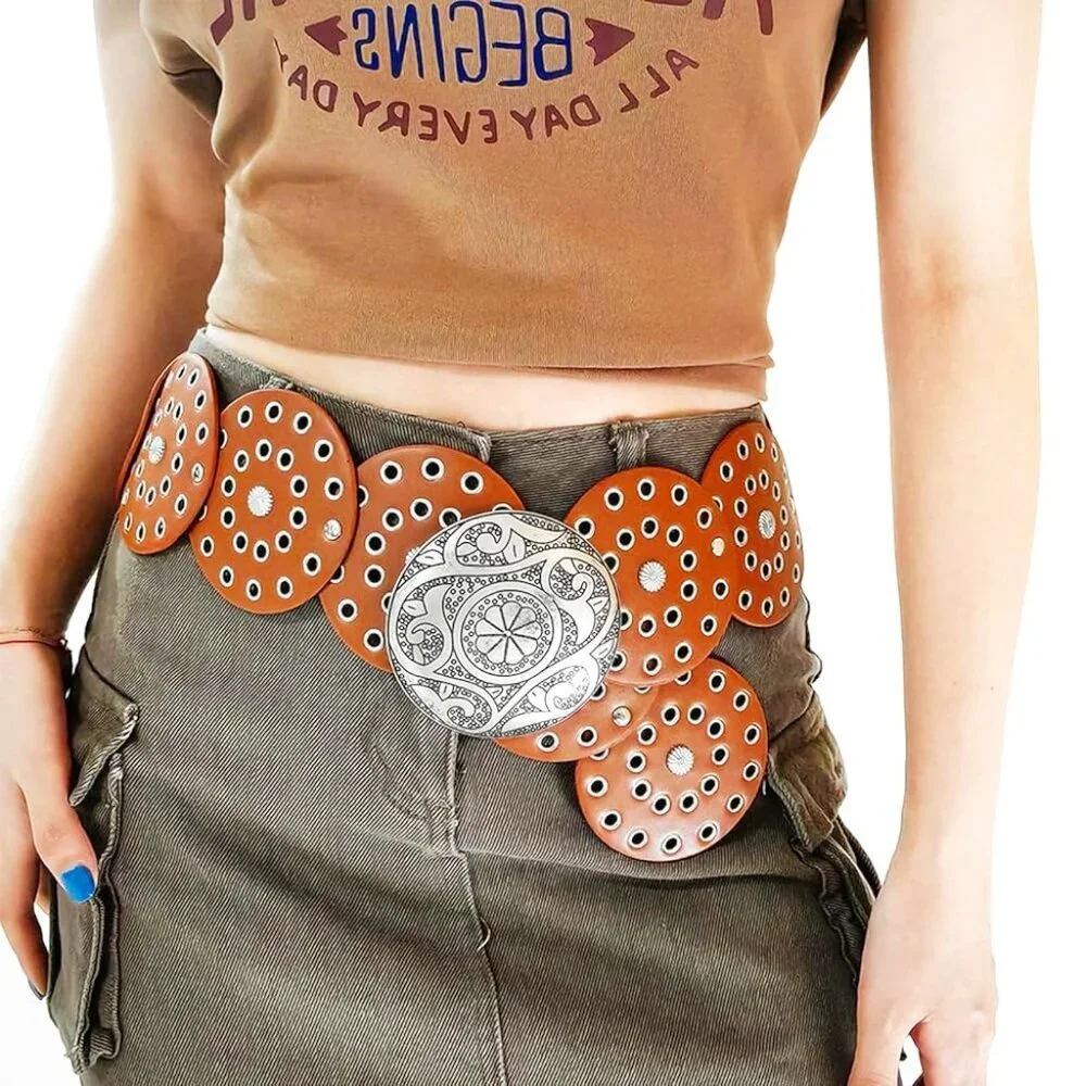 New Handcrafted Y2K Boho Western Concho Belt Tan Leather Silver Medallions OS